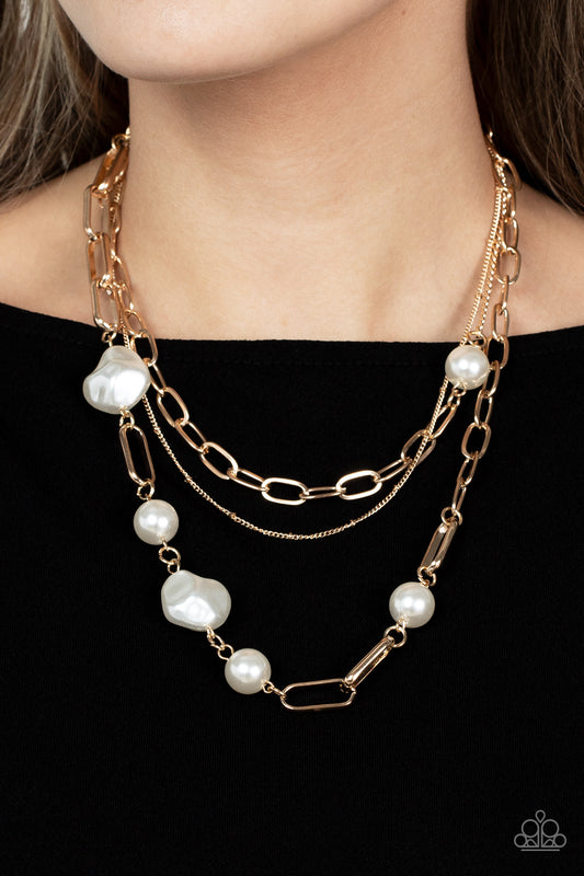 Modern Innovation - Gold and Pearl Necklace - Paparazzi Accessories 